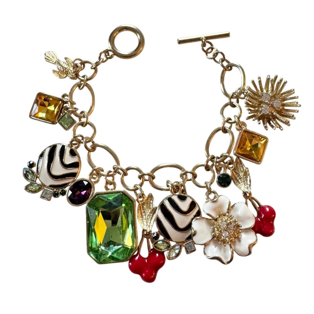Vintage Tutti Frutti Charm Bracelet Rhinestone Zebra Print Gold Tone Toggle 8in